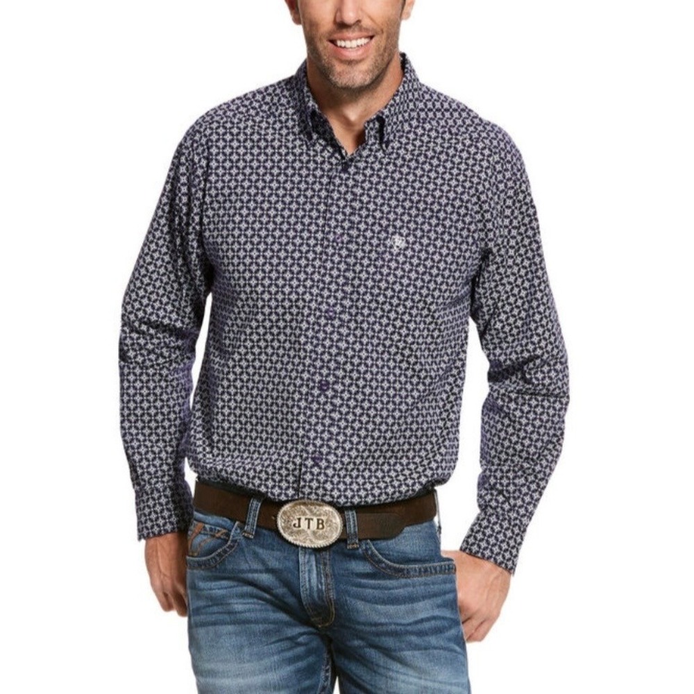 Ariat Men's Speakman Long Sleeve Stretch Fitted Shirt Navy Blue Stretch Size XL